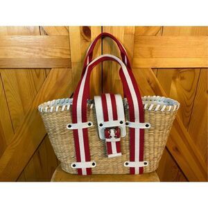 Donna Dixon Jennifer Rattan Basket Weave Red White Strap Tan Tote Handbag Purse